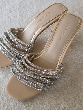 Crystal-Strap Champagne Slide Mule